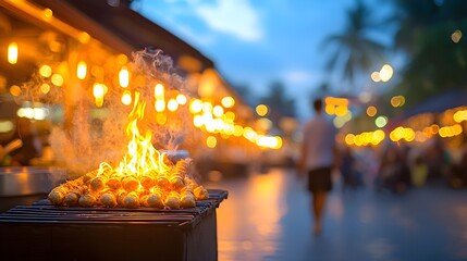 Flaming Street Food Grill at Night Market