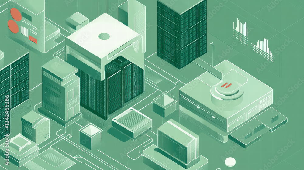 Poster engaging isometric graphic of data flow in cloud data center, showcasing servers, data storage, and 