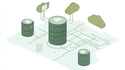 Engaging isometric graphic of data flow cloud data environment, showcasing interconnected servers, databases, and cloud elements. This illustration represents modern data management and