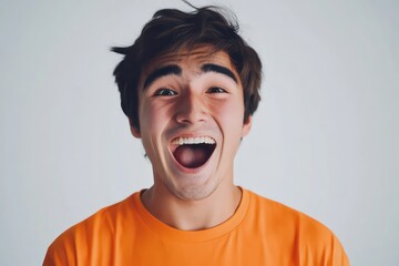 stock image of a young Kazakh man wearing an orange t-shirt. He is joyfully expressing his excitement, with a big smile on his face. 