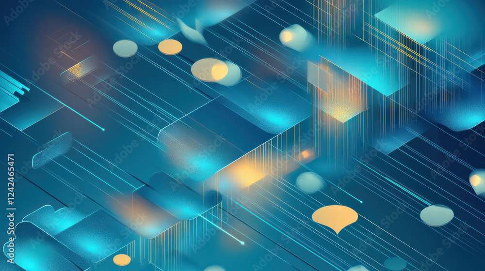 Poster engaging isometric graphic of data flow in cloud environment, featuring vibrant colors and abstract 