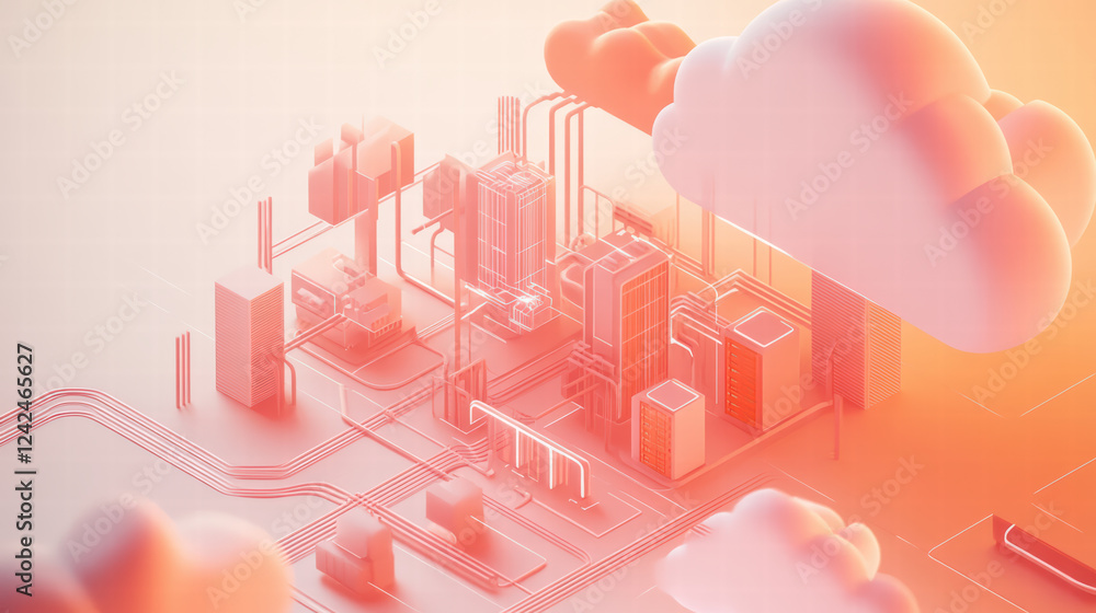 Poster engaging isometric graphic of data flow in cloud environment, showcasing interconnected buildings an