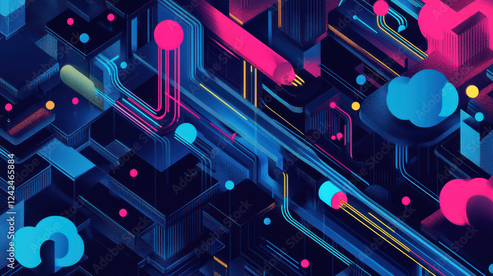 Poster colorful isometric graphic of data flow in cloud system, featuring vibrant lines and shapes, represe