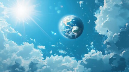 Obraz premium Earth rotates in vast blue sky with bright sun and clouds, featuring global perspective and space theme.