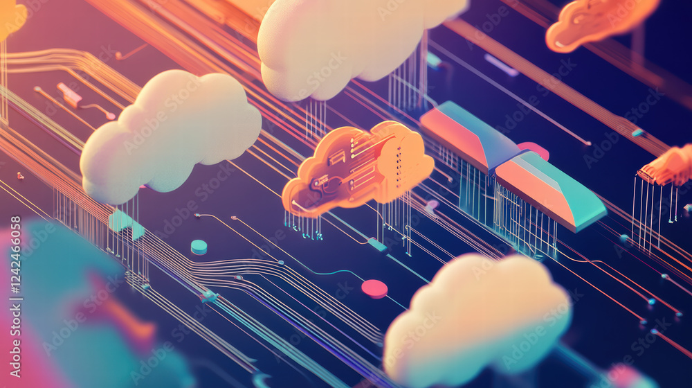 Poster engaging isometric graphic of data flow in cloud system, showcasing vibrant clouds and colorful data