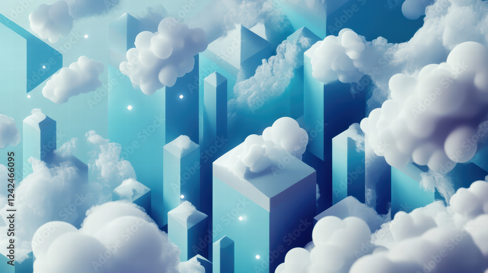 Poster engaging isometric scene of abstract geometric shapes and clouds in vibrant sky. composition feature