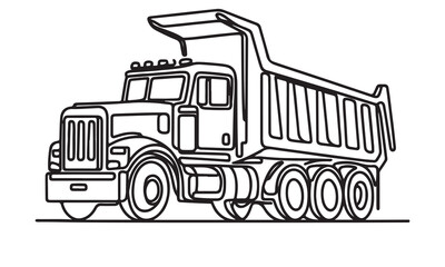 continuous one single black line art doodle drawing of dump truck illustration on white background