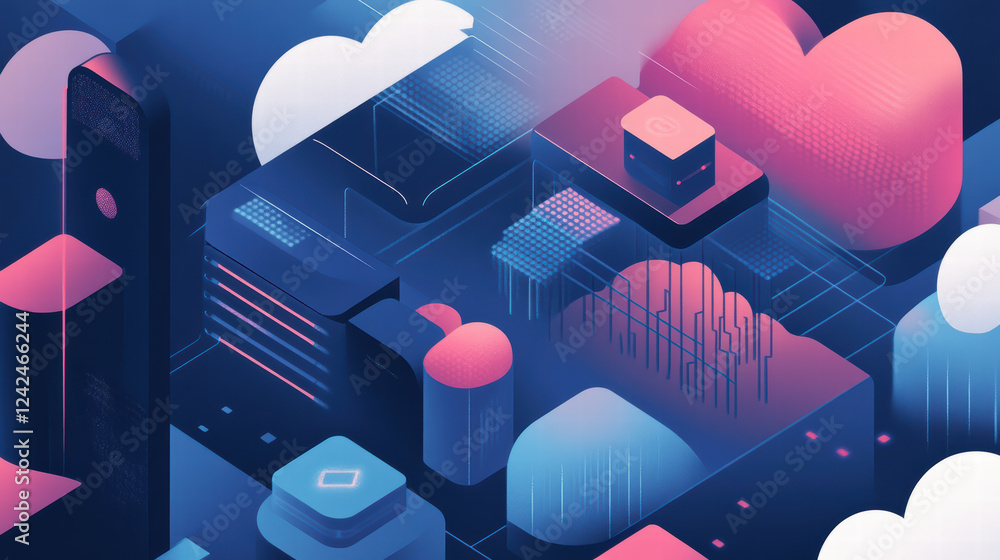 Aufkleber engaging isometric scene of data flow in cloud database, featuring vibrant colors and abstract shape