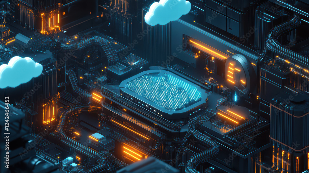 Poster futuristic isometric big data processing scene with glowing circuits and clouds. this digital landsc