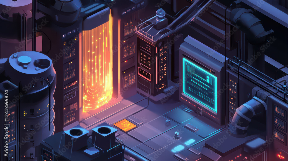 Poster futuristic isometric big data processing scene with glowing data streams, advanced technology, and h