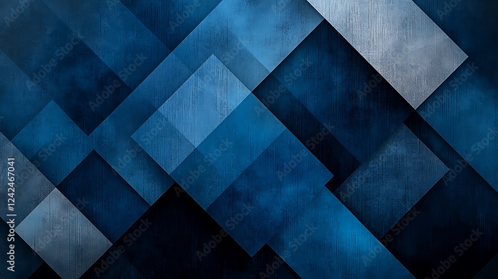 Poster explore a seamless blend of blue and black in an abstract background characterized by angled blocks 