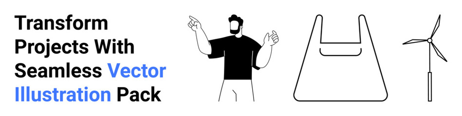 Human figure gesturing enthusiastically next to eco-friendly bag and wind turbine. Ideal for sustainability, energy, teamwork, eco-conscious design, presentations, marketing, education, flat landing