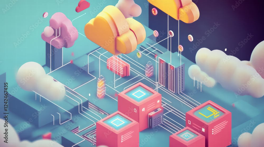 Poster futuristic isometric big data processing scene with colorful clouds, servers, and digital elements. 