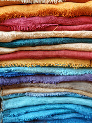 A vibrant collection of folded fabrics in assorted colors, showcasing various textures and layers. Perfect for textile enthusiasts, designers, and creative projects.