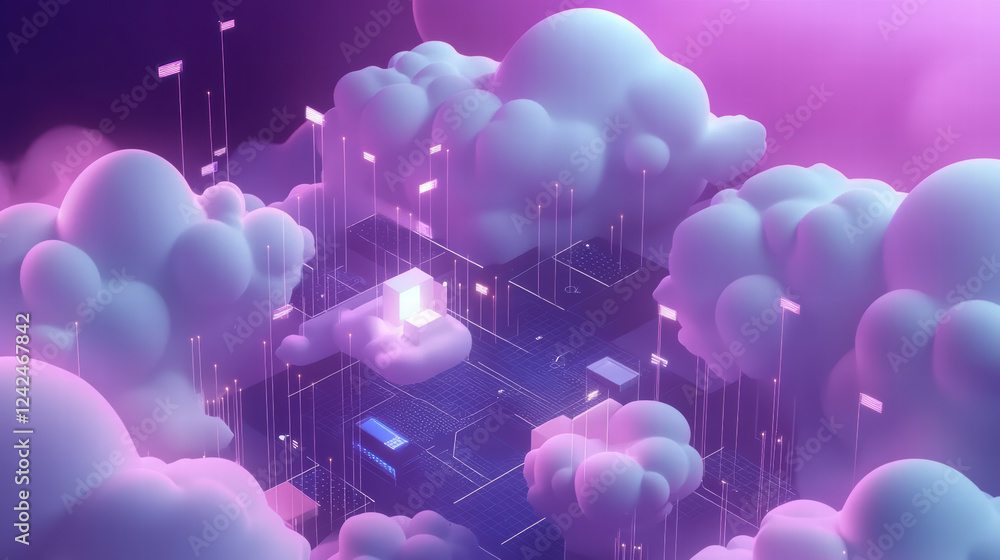 Aufkleber futuristic isometric scene of big data processing in cloud environment, featuring abstract shapes an