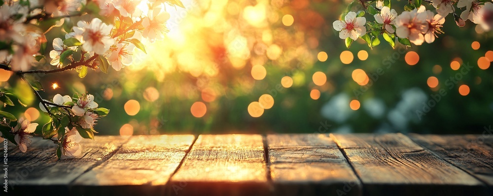 Aufkleber spring background with empty wooden table and blooming tree at sunset