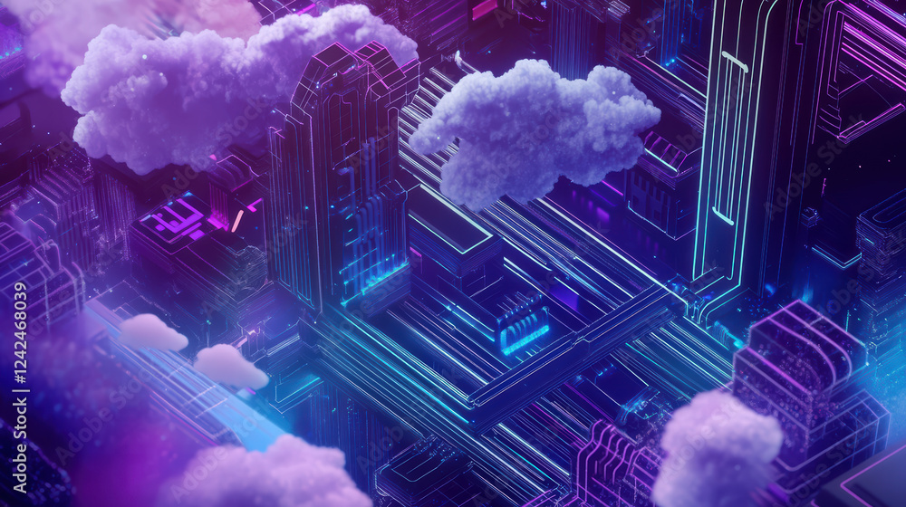 Poster futuristic isometric cityscape with neon lights and clouds, showcasing advanced technology and big d