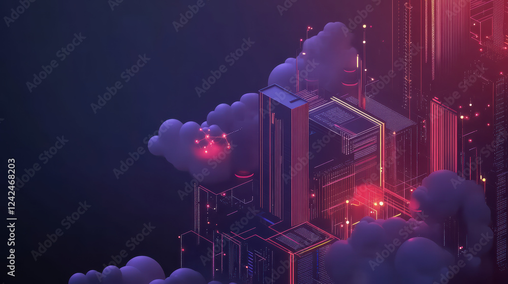 Poster innovative isometric representation of big data flow with vibrant colors and abstract cloud formatio