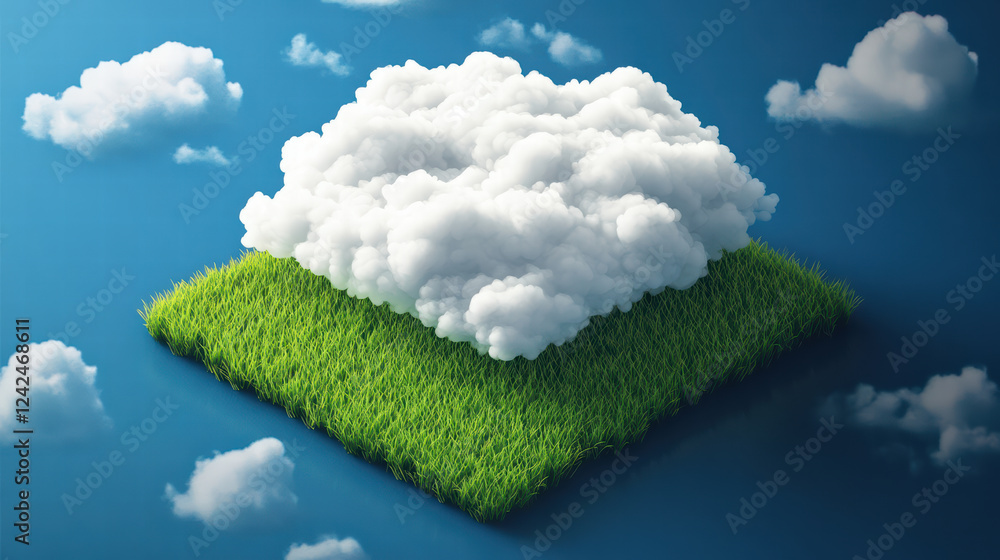 Poster innovative isometric design of cloud data processing with green grass and fluffy clouds, symbolizing