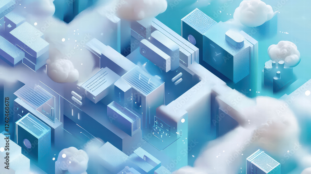 Aufkleber innovative isometric design of cloud data processing with abstract buildings and clouds, showcasing 