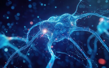 Neuron cell diagram with glowing blue and red structures on a dark background, science-related image