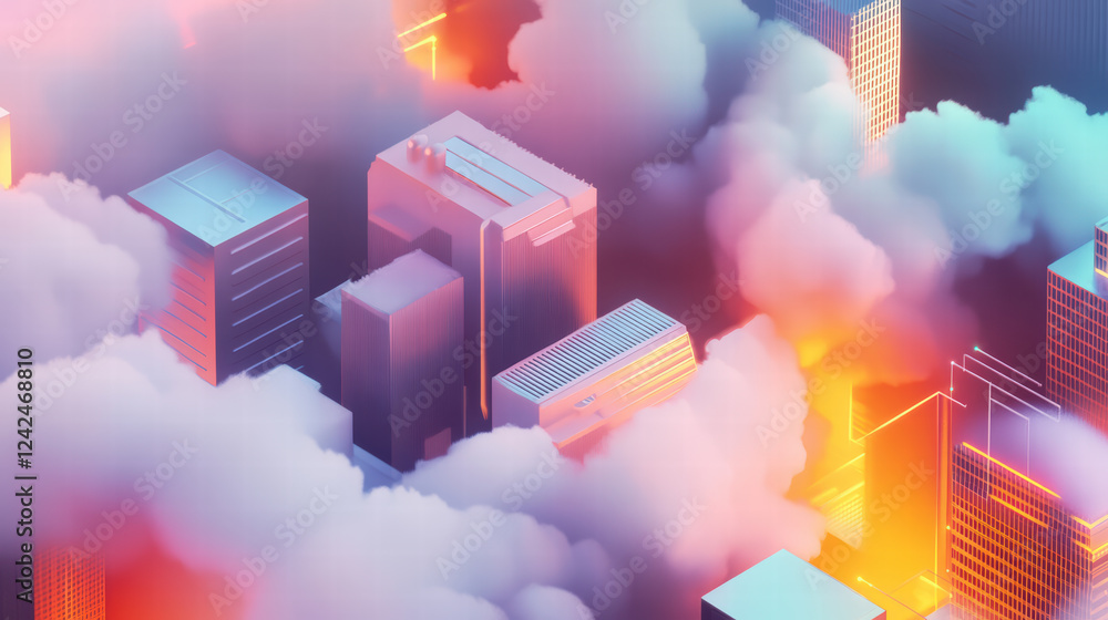 Poster innovative isometric design of cloud data processing with vibrant colors, showcasing modern building