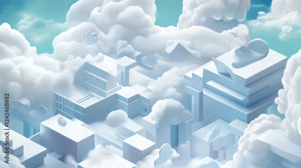 Poster innovative isometric design of cloud data processing with abstract structures and soft clouds, creat