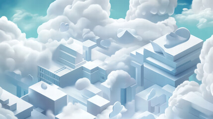 Fototapeta premium Innovative isometric design of cloud data processing with abstract structures and soft clouds, creating serene and futuristic atmosphere