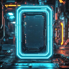 Obraz premium A 3D patch mockup sits within a layered rectangular neon blue frame, glowing at the corners in a softly lit futuristic environment.