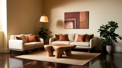 Empty room modern Earth-Tone Interior. An earth-toned, modern living room with cozy furniture and abstract wall art. Perfect for promoting warm, inviting home spaces