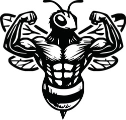 Bee Strong Mascot.hornet strong with body muscle vector