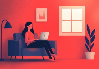Woman Working on Laptop in Cozy Red Living Room Setting