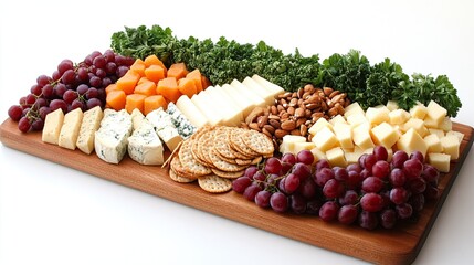 Cheese Platters A Beautiful Cheese Board with Brie, Cheddar, Goat Cheese, Grapes, Nuts, and Crackers, Perfectly Arranged for Elegant Parties or Special Occasions.