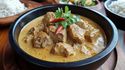 Rich, creamy curry with tender chunks of meat, garnished with cilantro and chilies. Perfect for food blogs, recipe websites, or illustrating delicious meals.