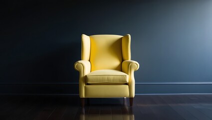 Living room with yellow armchair on empty dark blue wall