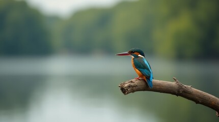 A close-up shot of a kingfisher perched on a branch overhanging the water