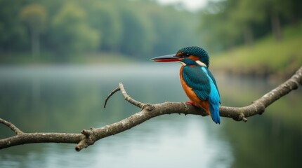 A close-up shot of a kingfisher perched on a branch overhanging the water