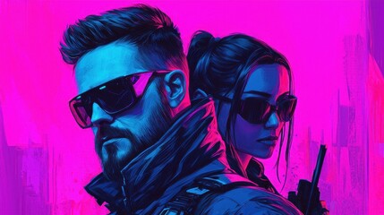 Futuristic Characters with Sunglasses in Neon Color Scheme Art