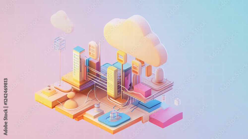 Poster innovative isometric design of data flow in cloud system featuring colorful buildings, cloud element