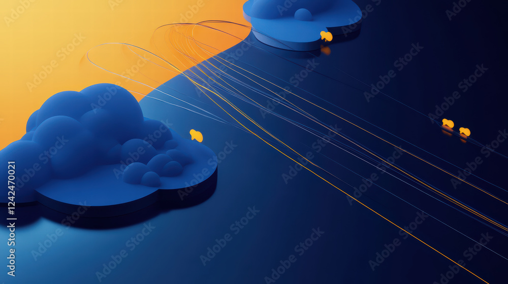 Poster innovative isometric design of data flow in cloud system, showcasing vibrant colors and dynamic line