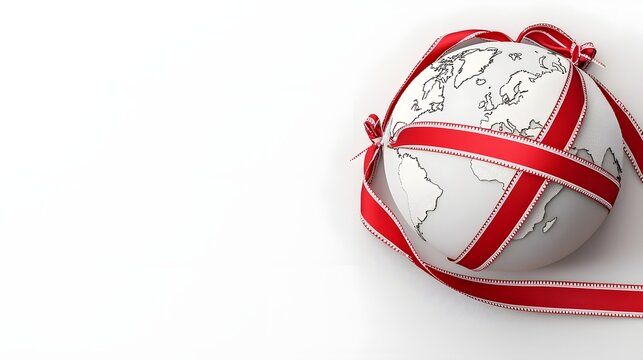 Minimalist top down view of a 3D globe encircled by various colored awareness ribbons against a clean soft shadowed background  This digital represents the concept of global consciousness advocacy and