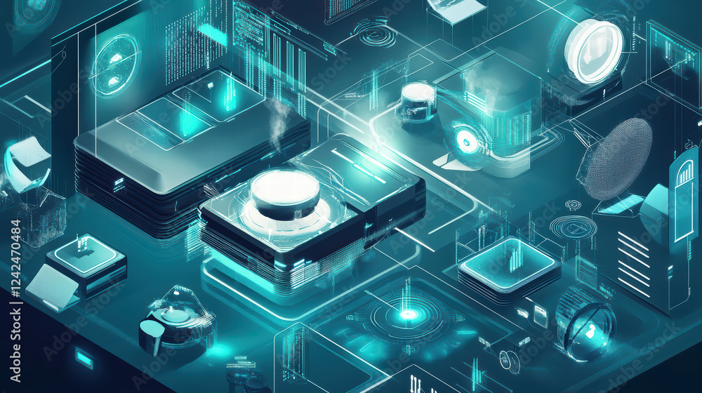 Poster isometric digital illustration of big data architecture featuring cloud databases, data analytics, a
