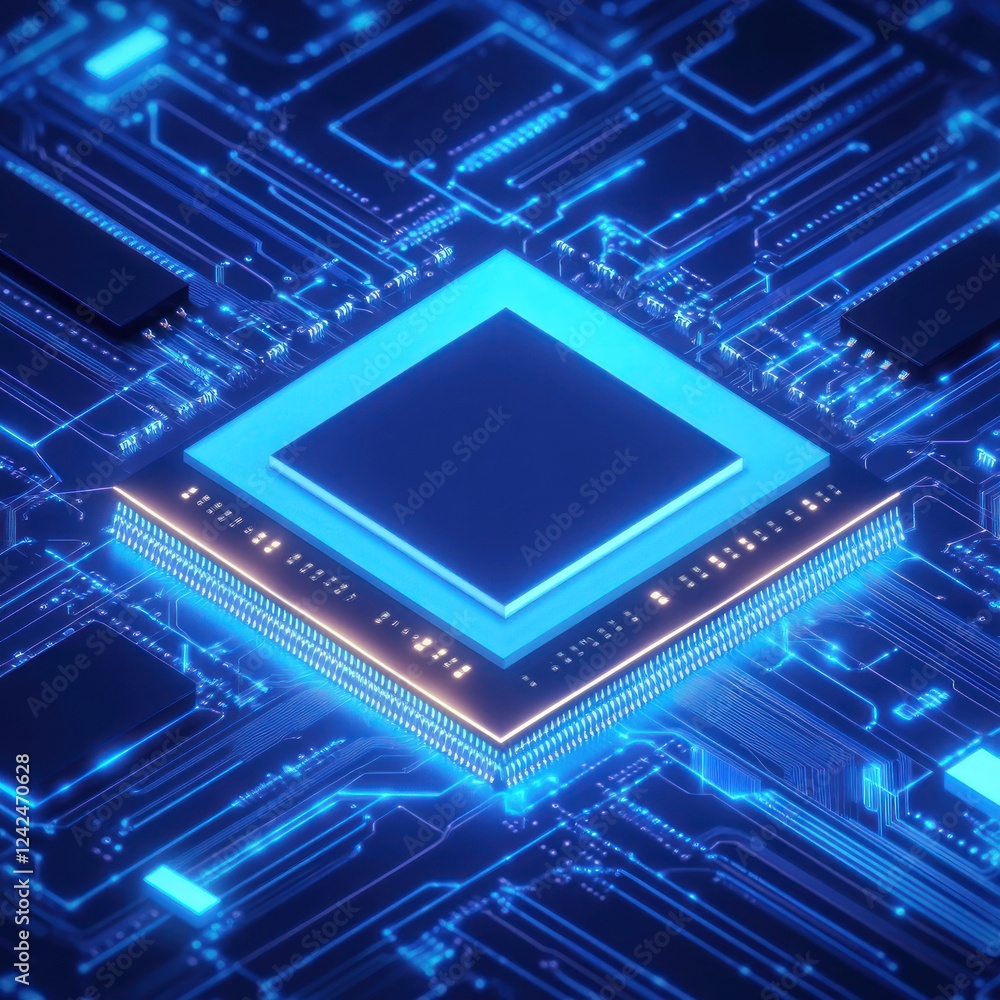 Poster glowing circuit board chip with light paths on blue. use for tech or electronics visuals
