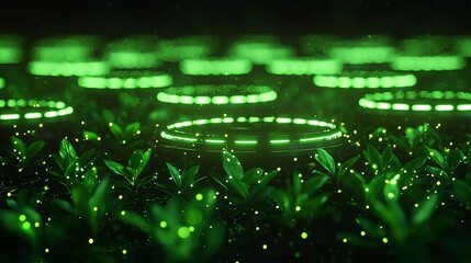 Naklejka premium Glowing Green Rings Above Lush Green Plants