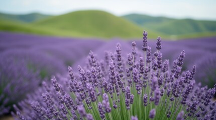Obraz premium A shot of a lavender field, with a blurred background of a rolling and green hillside.