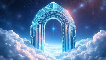 Otherworldly Crystal Archway in a Gravity-Defying Sky – A shimmering entrance of pure crystal, inscribed with runes, floating above a universe without limits
