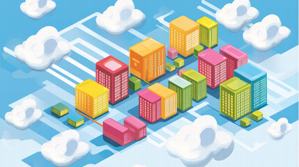 Isometric illustration of colorful buildings and clouds representing big data architecture, showcasing vibrant urban landscape