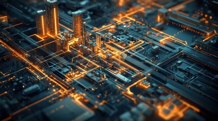 Complex network of interconnected circuits and buildings forming a futuristic cityscape, highlighting innovative engineering and technological advancement in urban development