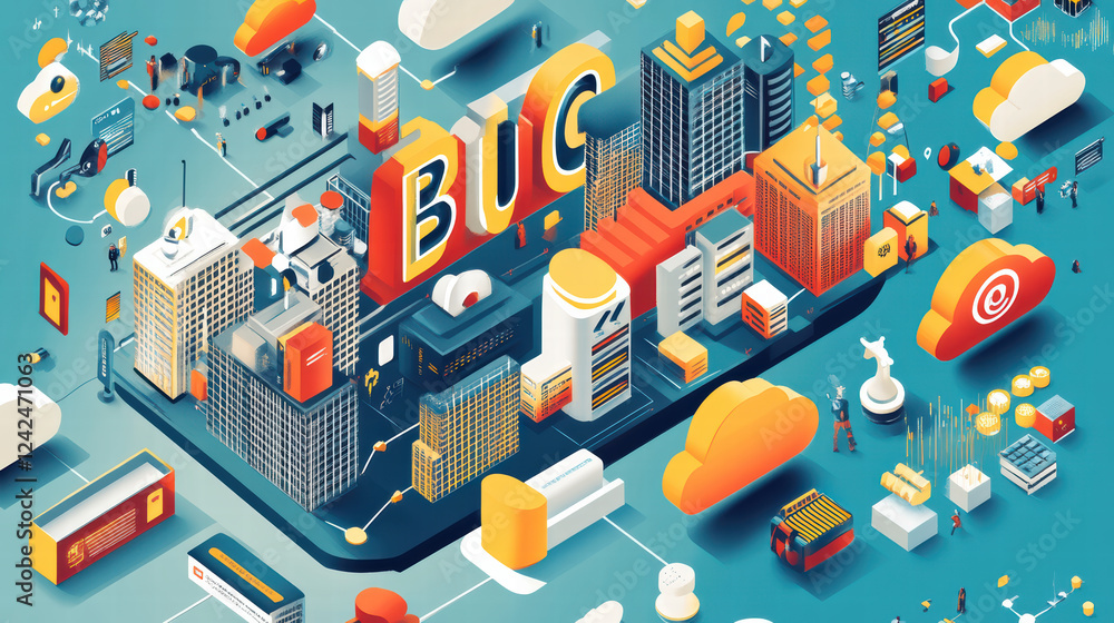 Poster big data architecture illustration featuring colorful cloud elements, buildings, and data visualizat