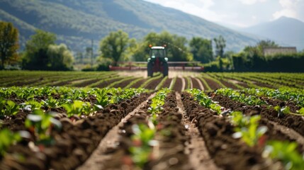 Cultivator working in a lush green field at sunset